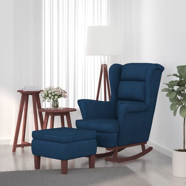 vidaXL Mecedora con respaldo alto de terciopelo azul y madera maciza