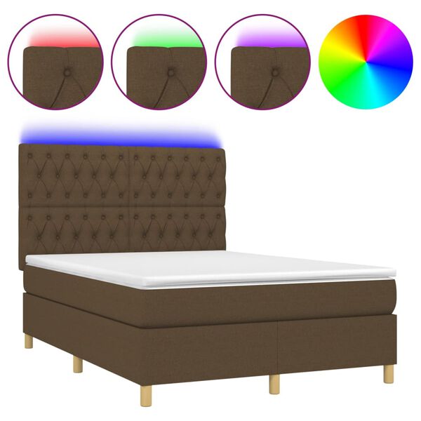 vidaXL Cama box spring colch&oacute;n luces LED tela marr&oacute;n oscuro 140x190 cm