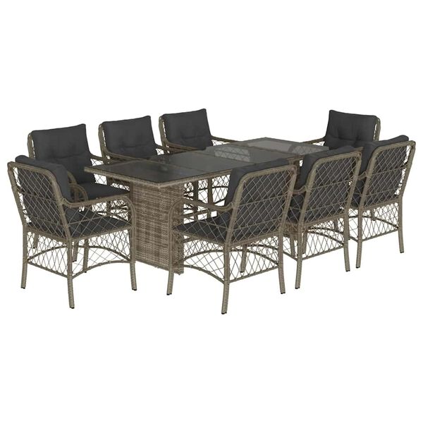vidaXL Set comedor jard&iacute;n 9 pzas y cojines rat&aacute;n sint&eacute;tico gris