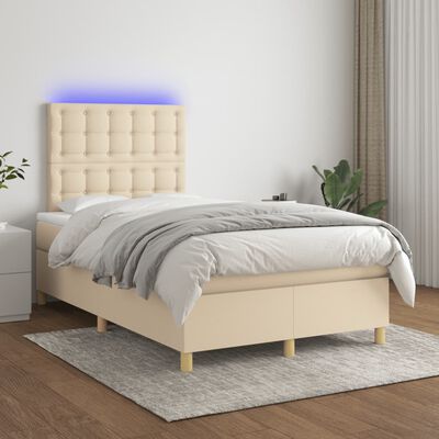 vidaXL Cama box spring con colchón y luces LED tela crema 120x190 cm
