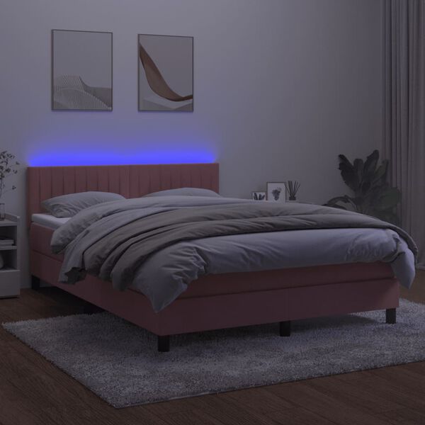 vidaXL Cama box spring colch&oacute;n y LED terciopelo rosa 140x200 cm