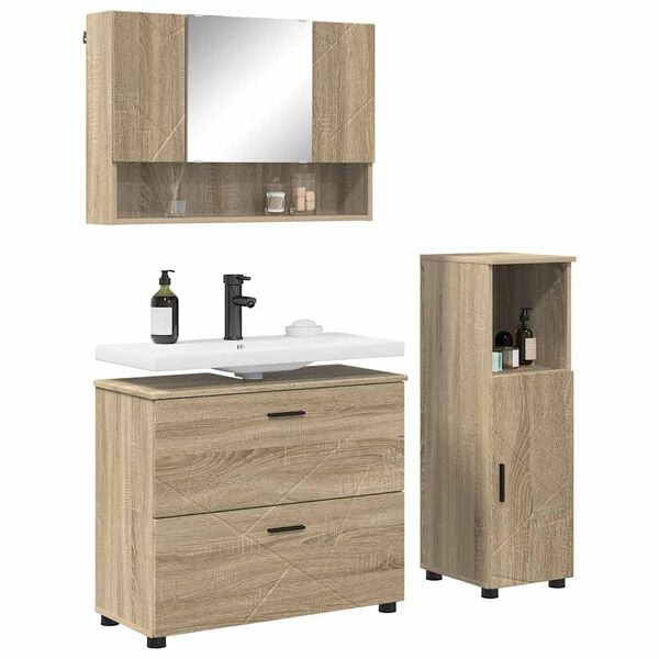 vidaXL Juego de muebles de ba&ntilde;o con caj&oacute;n 3 pcs Roble Sonoma