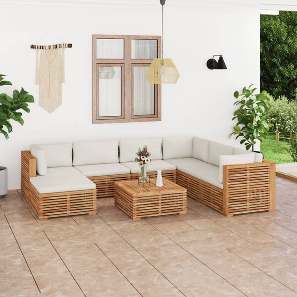 vidaXL Muebles de jard&iacute;n 8 pzas con cojines crema madera maciza teca