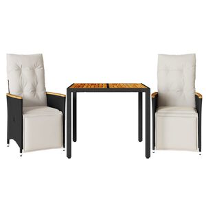 vidaXL Mesita y sillas jard&iacute;n 3 pzas y cojines rat&aacute;n sint&eacute;tico negro