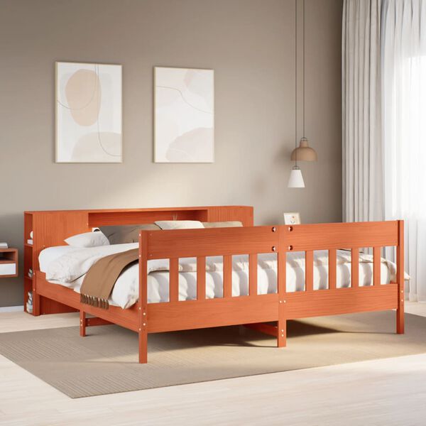 vidaXL Cama con estanter&iacute;a sin colch&oacute;n madera maciza marr&oacute;n 200x200 cm