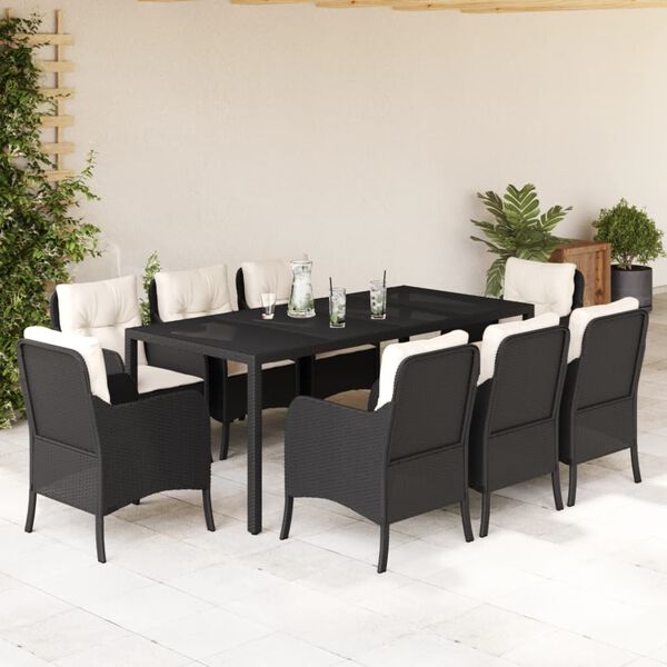 vidaXL Set de comedor de jard&iacute;n 9 pzas y cojines rat&aacute;n sint&eacute;tico negro