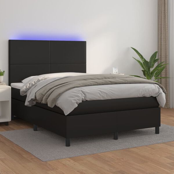 vidaXL Cama box spring colch&oacute;n y LED cuero sint&eacute;tico negro 140x190 cm