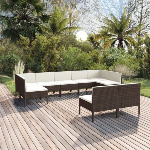 vidaXL Set muebles de jard&iacute;n 9 pzas y cojines rat&aacute;n sint&eacute;tico marr&oacute;n