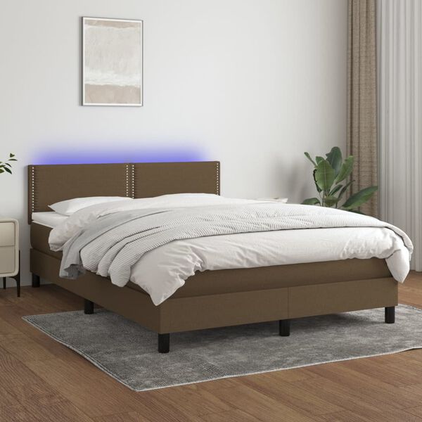 vidaXL Cama box spring colch&oacute;n luces LED tela marr&oacute;n oscuro 140x190 cm