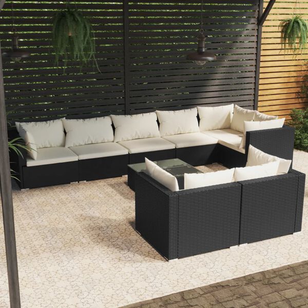 vidaXL Set de muebles de jard&iacute;n 9 pzas y cojines rat&aacute;n sint&eacute;tico negro