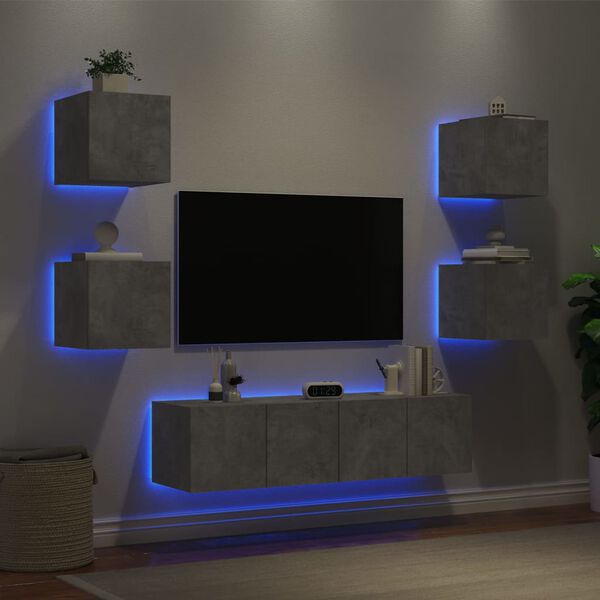 vidaXL Muebles TV pared con LED 6 pzas madera ingenier&iacute;a gris hormig&oacute;n