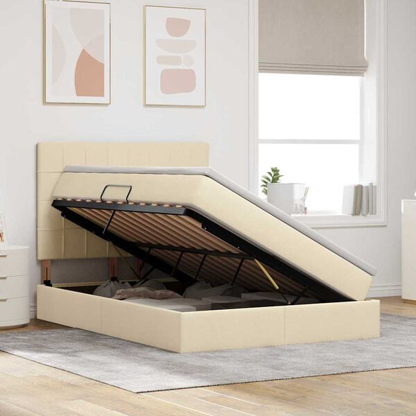 vidaXL Cama con almacenamiento y colch&oacute;n Crema 140 x 200 cm Poli&eacute;ster