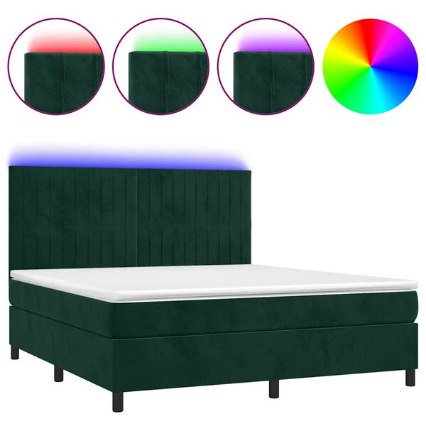 vidaXL Cama box spring colch&oacute;n y LED terciopelo verde oscuro 160x200cm