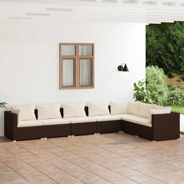 vidaXL Set muebles de jard&iacute;n 7 piezas y cojines rat&aacute;n sint&eacute;tico marr&oacute;n