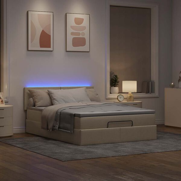 vidaXL Cama otomana con colch&oacute;n LED crema 140x190 cm tela