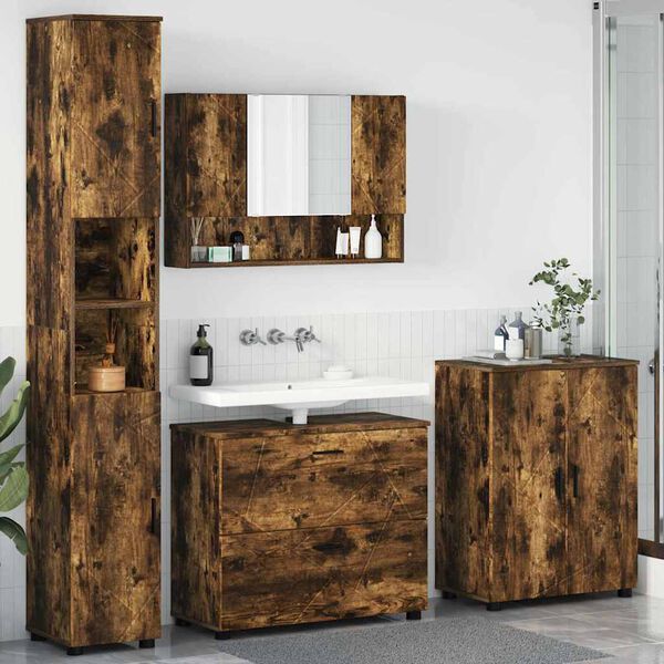 vidaXL Juego de muebles de ba&ntilde;o con caj&oacute;n 4 pcs Roble ahumado