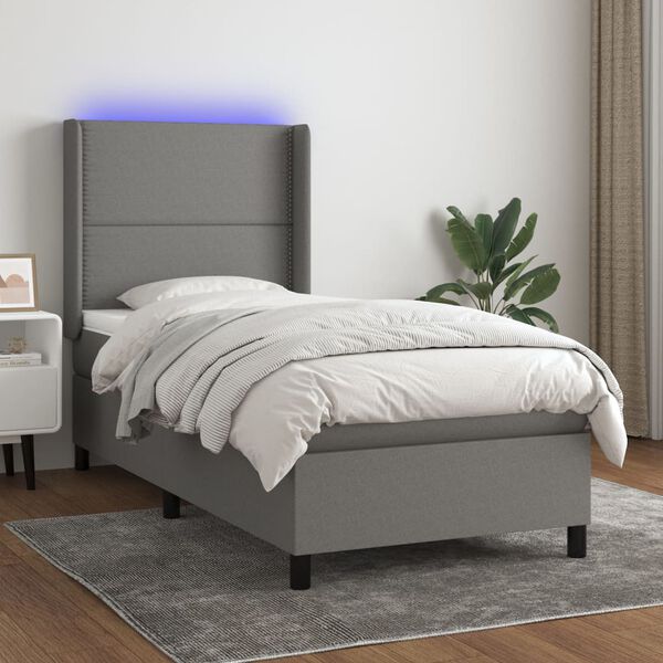 vidaXL Cama box spring colch&oacute;n y luces LED tela gris oscuro 80x200 cm