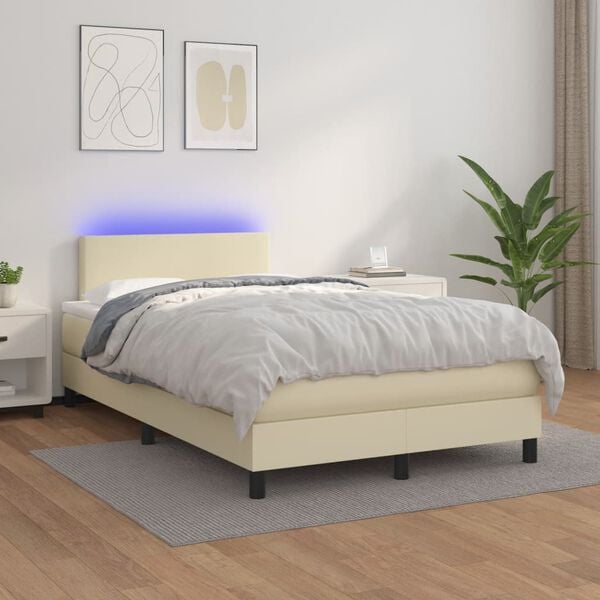 vidaXL Cama box spring colch&oacute;n y LED cuero sint&eacute;tico crema 120x200 cm