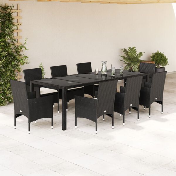 vidaXL Set comedor jard&iacute;n 9 pzas cojines rat&aacute;n sint&eacute;tico vidrio negro