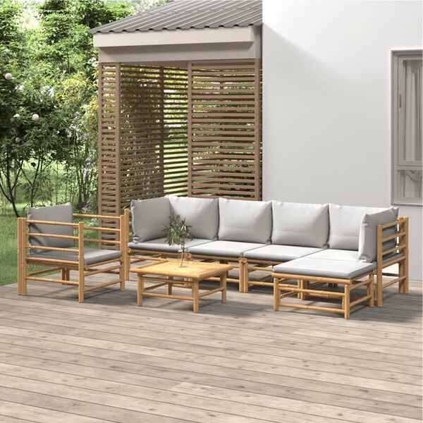 vidaXL Set de muebles de jardín 7 piezas bambú y cojines gris claro