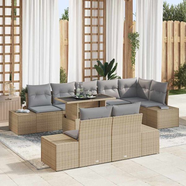vidaXL Conjunto de sof&aacute; de jard&iacute;n 9 pcs Beige Polirat&aacute;n