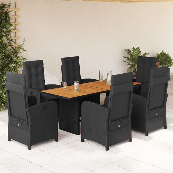 vidaXL Set de comedor de jard&iacute;n 7 pzas y cojines rat&aacute;n sint&eacute;tico negro