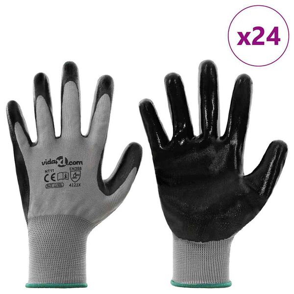 vidaXL Guantes de Trabajo 24 pcs Gris y Negro 11 / XXL Poli&eacute;ster