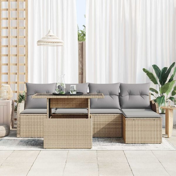 vidaXL Conjunto de sof&aacute; de jard&iacute;n 6 pcs Beige Rattan de Poli&eacute;ster