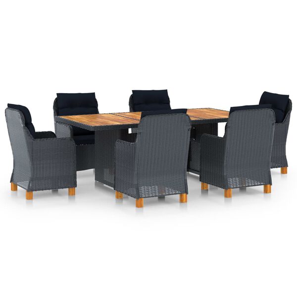 vidaXL Set comedor jard&iacute;n 7 pzas cojines rat&aacute;n sint&eacute;tico gris oscuro