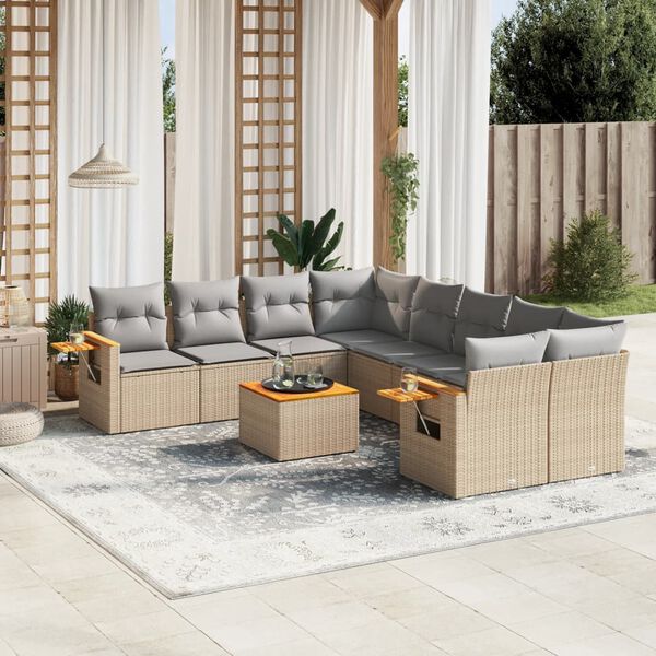 vidaXL Set de sof&aacute;s de jard&iacute;n 9 pzas con cojines rat&aacute;n sint&eacute;tico beige