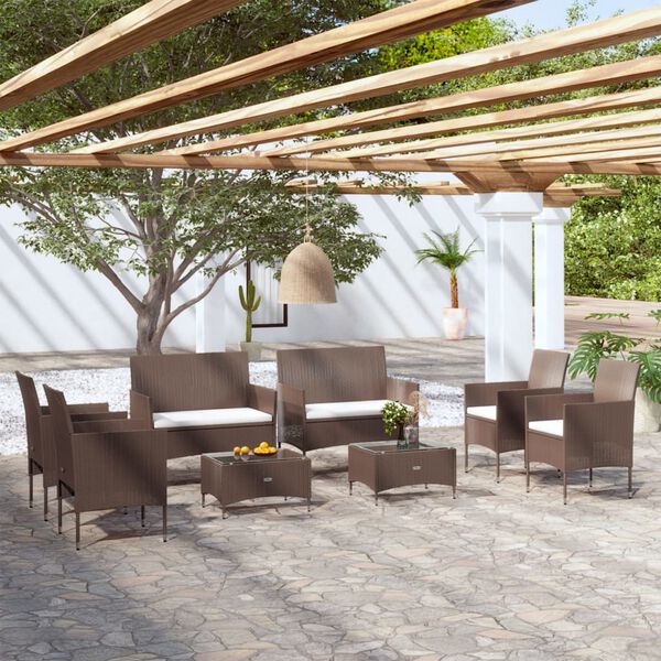 vidaXL Set muebles de jard&iacute;n 8 pzas y cojines rat&aacute;n sint&eacute;tico marr&oacute;n