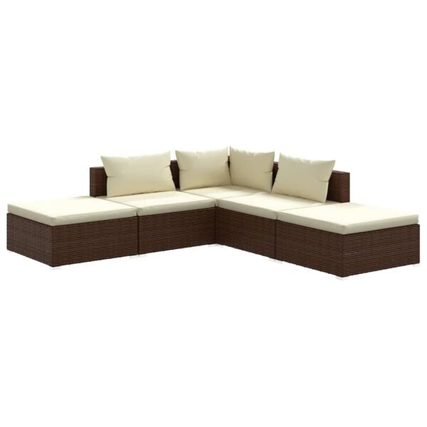 vidaXL Set muebles de jard&iacute;n 5 piezas y cojines rat&aacute;n sint&eacute;tico marr&oacute;n