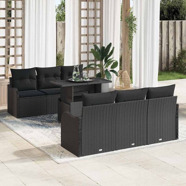 vidaXL Conjunto de sofá de jardín con cojín 7 pcs Negro Poliratán