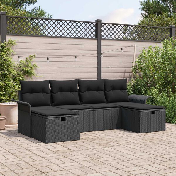 vidaXL Conjunto de sof&aacute; de jard&iacute;n Manual 6 pcs Negro rat&aacute;n sint&eacute;tico