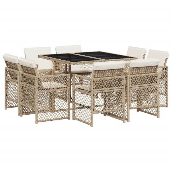 vidaXL Set comedor de jard&iacute;n 9 pzas con cojines rat&aacute;n sint&eacute;tico beige