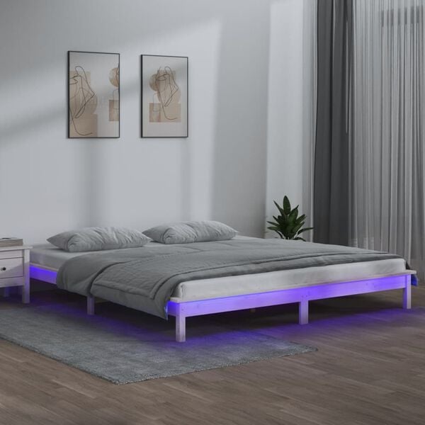 vidaXL Estructura de cama con LED madera maciza blanca 180x200 cm