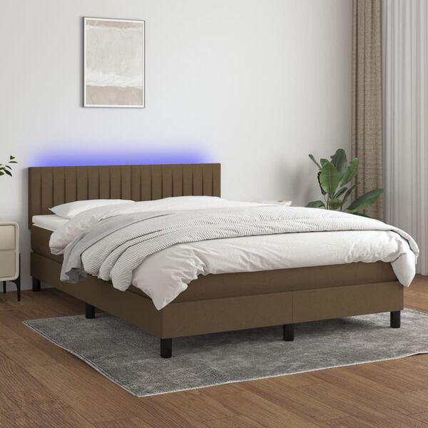 vidaXL Cama box spring colch&oacute;n luces LED tela marr&oacute;n oscuro 140x200cm
