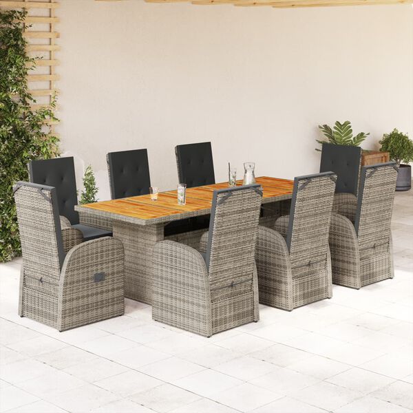 vidaXL Set comedor jard&iacute;n 9 pzas y cojines rat&aacute;n sint&eacute;tico gris