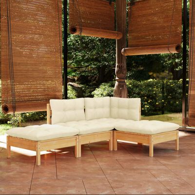 vidaXL Muebles de jardín 4 pzas y cojines madera maciza de pino crema
