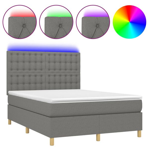 vidaXL Cama box spring colch&oacute;n y luces LED tela gris oscuro 140x200 cm