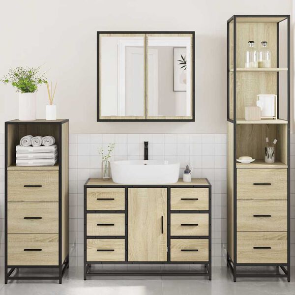 vidaXL Juego de muebles de ba&ntilde;o 4 pzas contrachapada roble sonoma