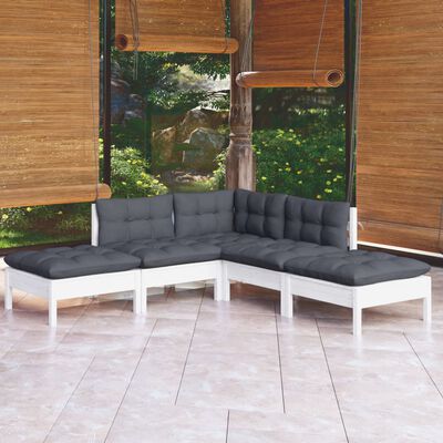 vidaXL Muebles de jardín 5 pzas con cojines blanco madera de pino