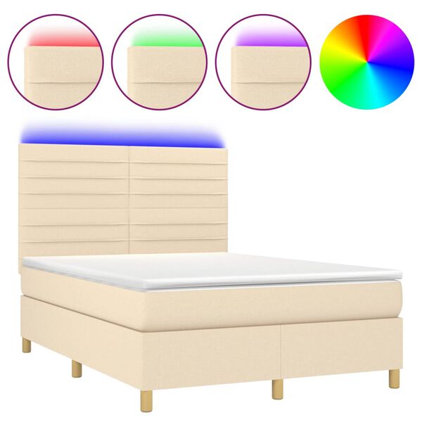 vidaXL Cama box spring colch&oacute;n y luces LED tela crema 140x190 cm