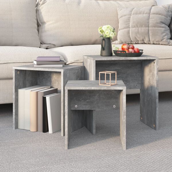 vidaXL Mesas de centro apilables 3 piezas contrachapada gris hormigón