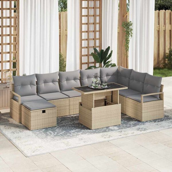 vidaXL Conjunto de sof&aacute; de jard&iacute;n con coj&iacute;n 9 pcs Beige Polirat&aacute;n