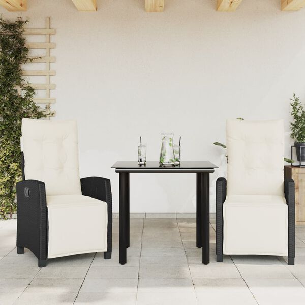 vidaXL Set comedor de jard&iacute;n 3 pzas con cojines rat&aacute;n sint&eacute;tico negro