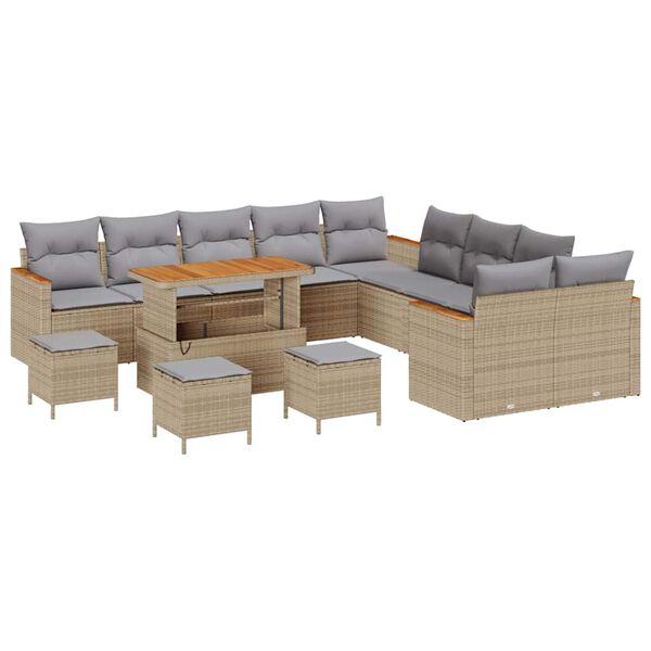 vidaXL Conjunto de sof&aacute;s de jard&iacute;n 14 pcs Beige rat&aacute;n sint&eacute;tico