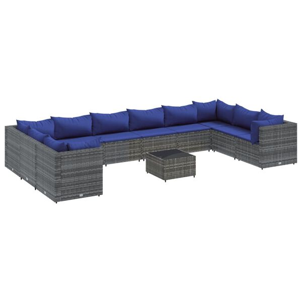 vidaXL Set de muebles de jard&iacute;n 11 pzas y cojines rat&aacute;n sint&eacute;tico gris