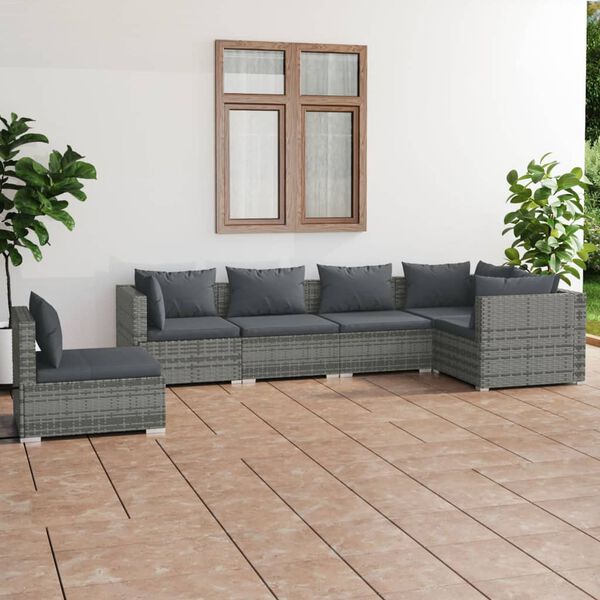 vidaXL Set de muebles de jardín 6 pzas y cojines ratán sintético gris
