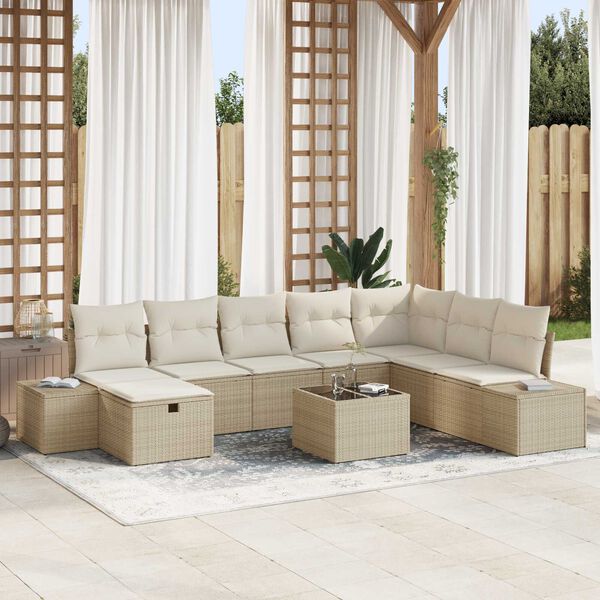 vidaXL Conjunto de sof&aacute; de jard&iacute;n 9 pcs Beige rat&aacute;n sint&eacute;tico